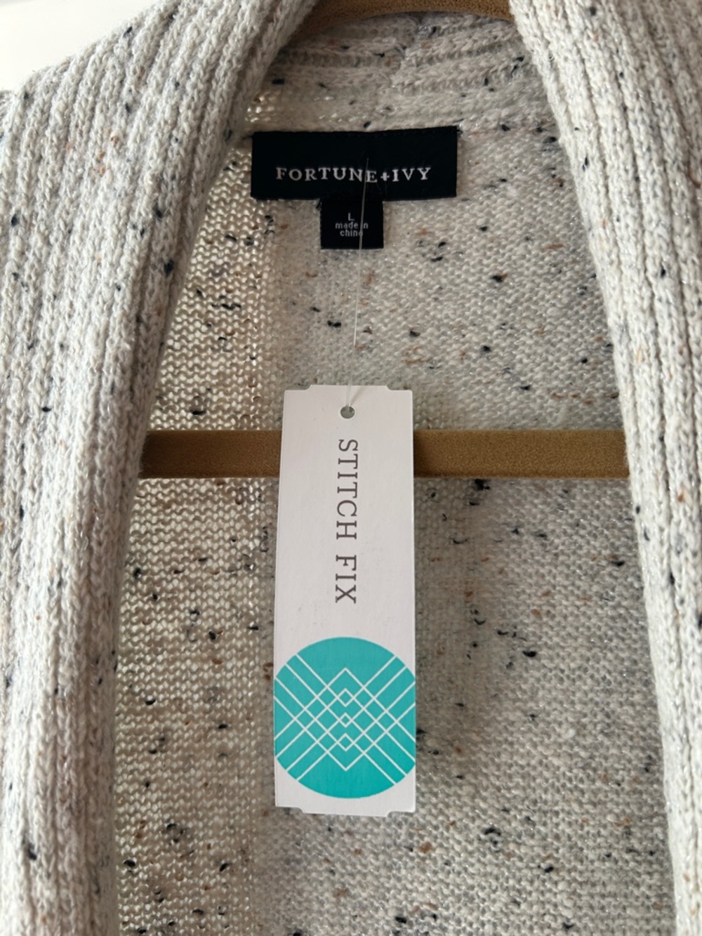Fortune+Ivy Cream Speckled Shawl Cardigan with Black Geometric Trim - Picture 3 of 8